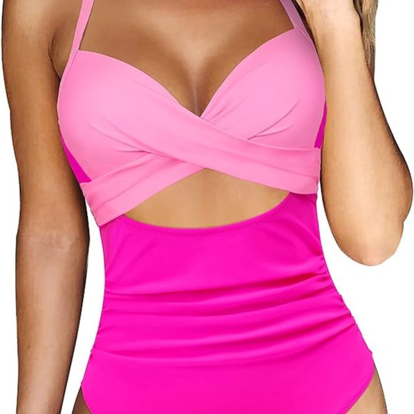 NWT EoMENIE - One Piece Swimsuit Cut Out Swimwear High Waist Monokini - Pink - Picture 3 of 11